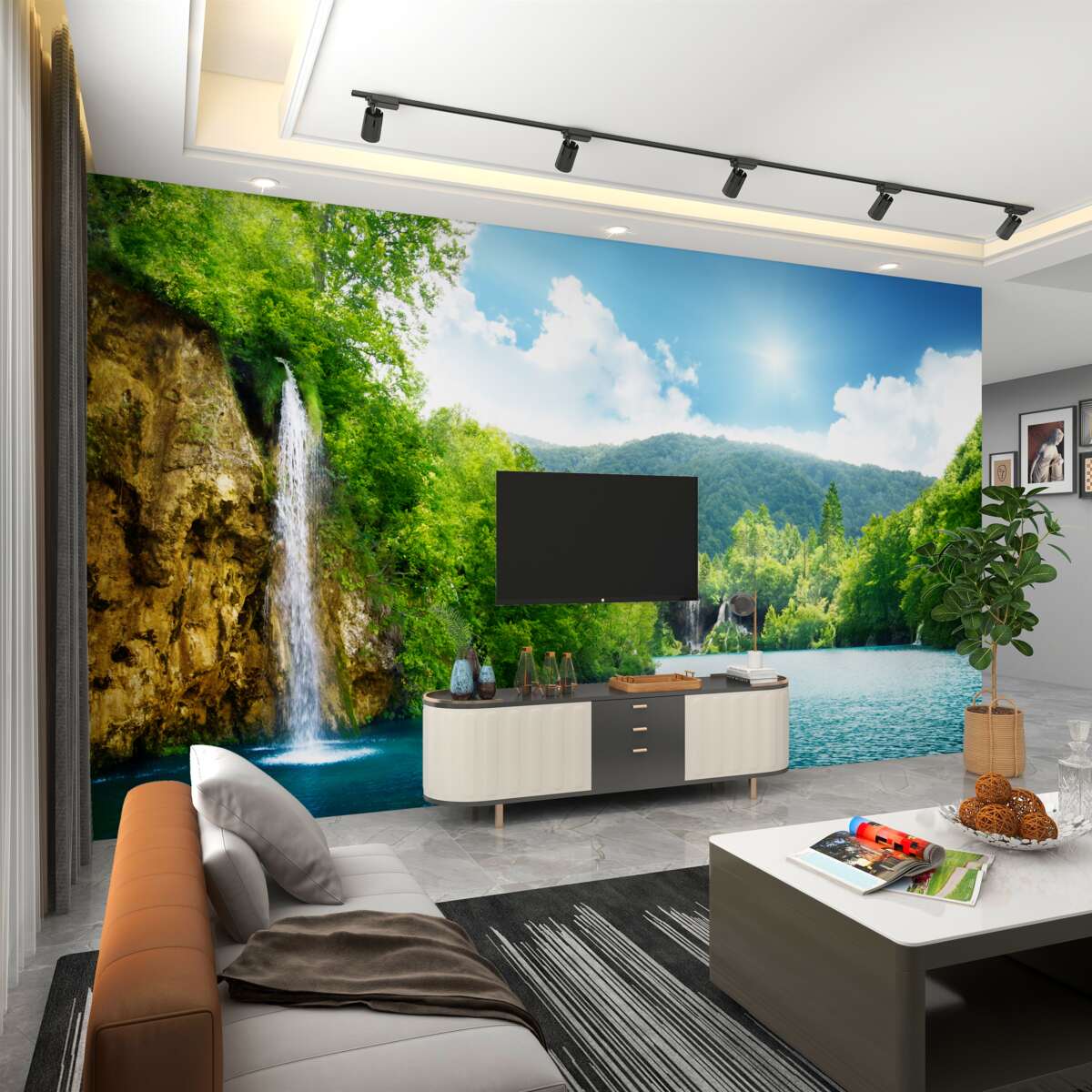 Fototapeta wodospad wśród gęstego górskiego lasu