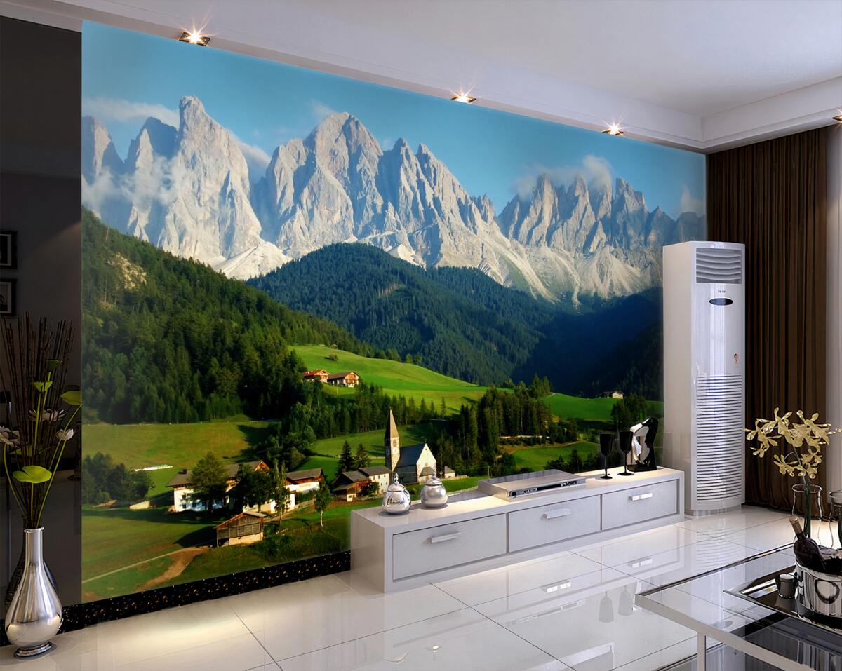 Fototapeta osada na polanie u podnóża gór