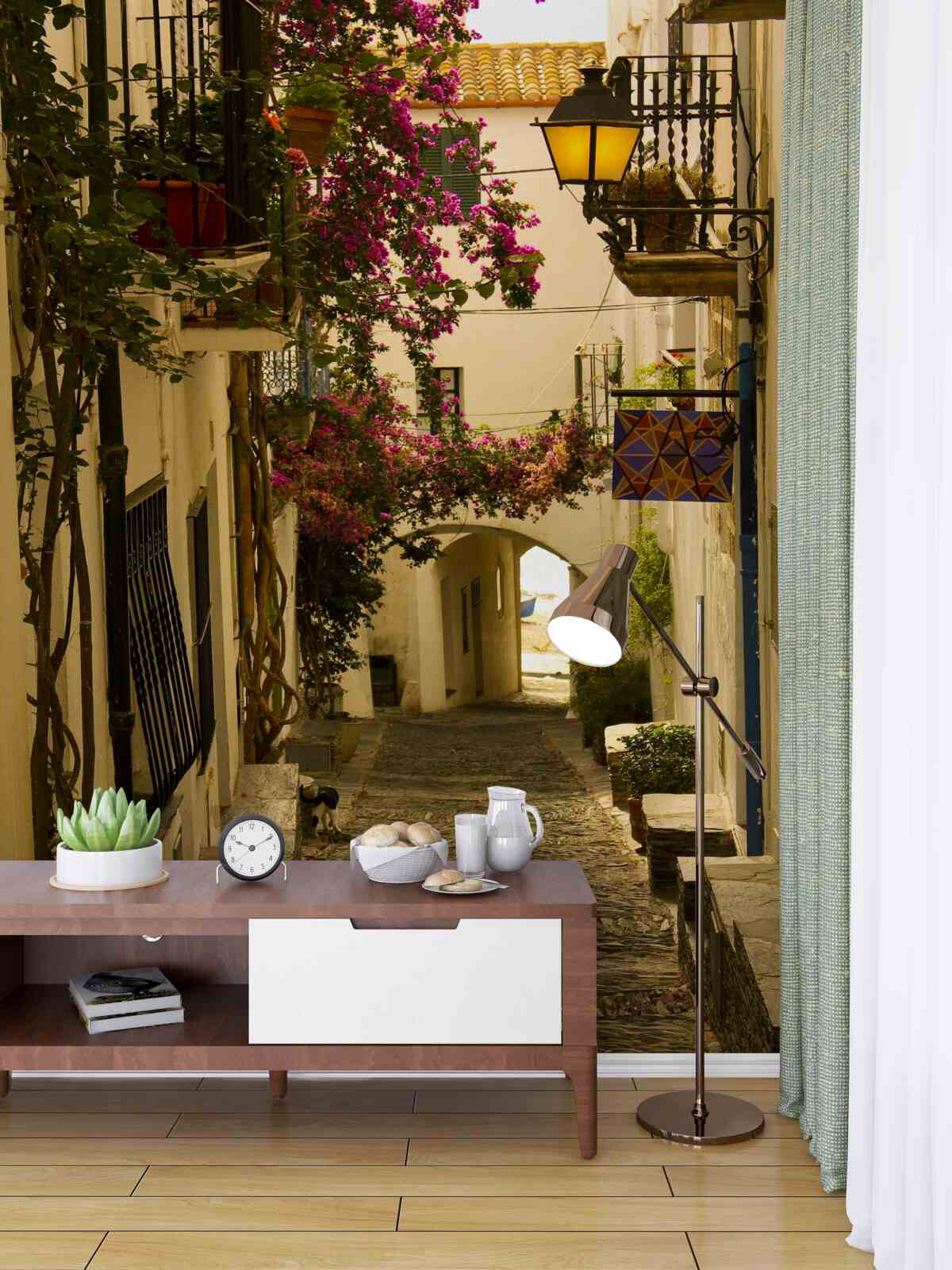 Fototapeta stara ulica w kwiatach i słońcu