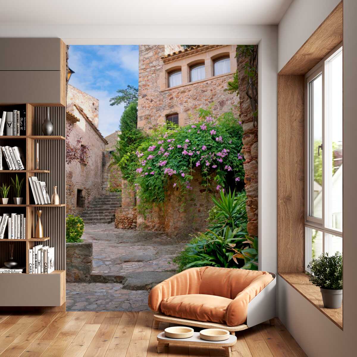 Fototapeta stara kamienna ulica w zielonych kwiatach