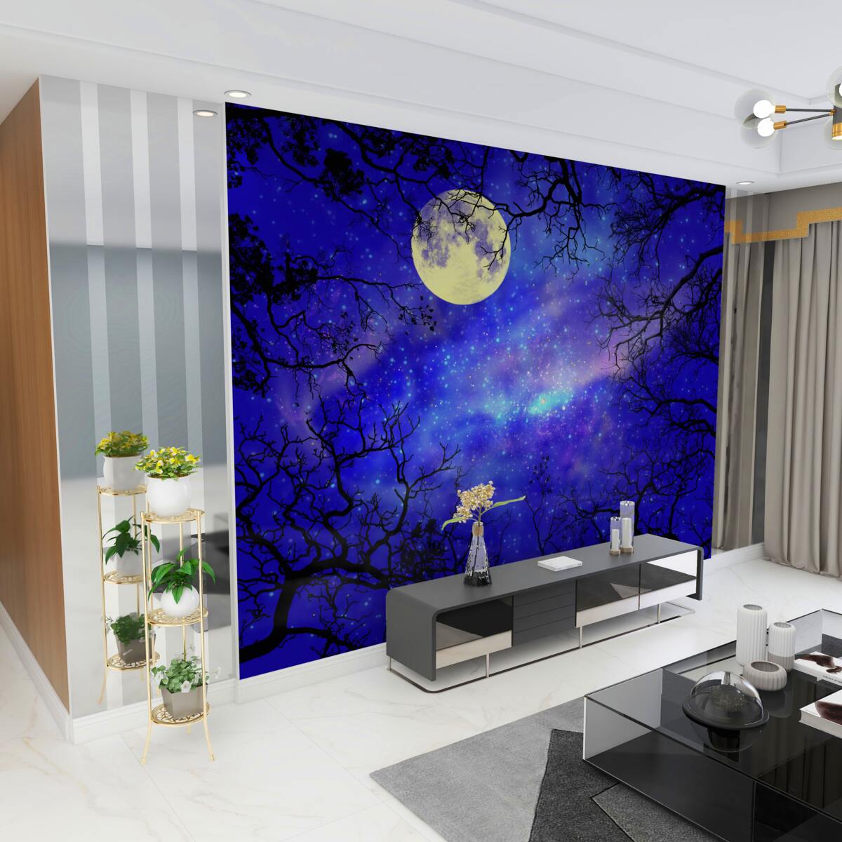 Fototapeta nocny jasny księżyc na rozgwieżdżonym niebie