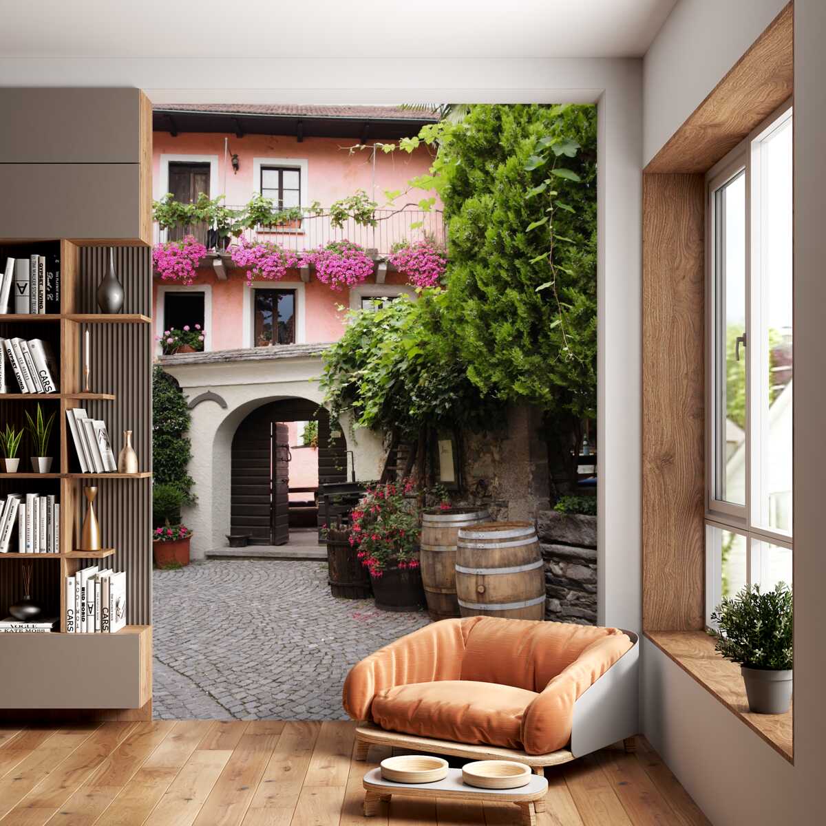 Fototapeta zielona roślinność z kwiatami w pobliżu schodów