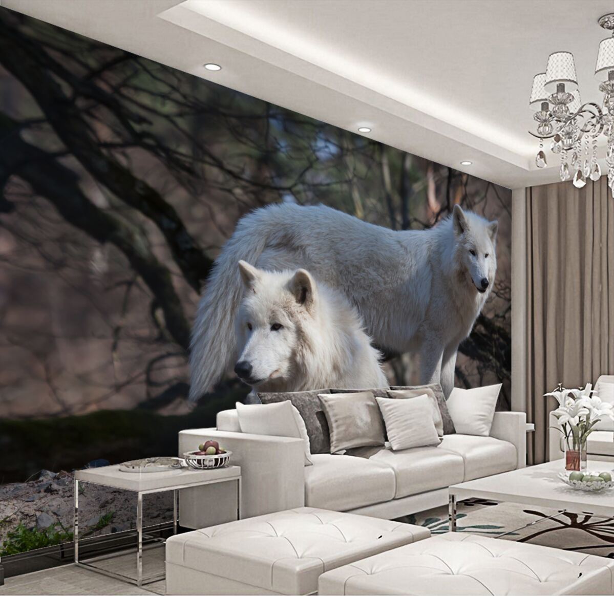 Fototapeta białe wilki w upadłym lesie