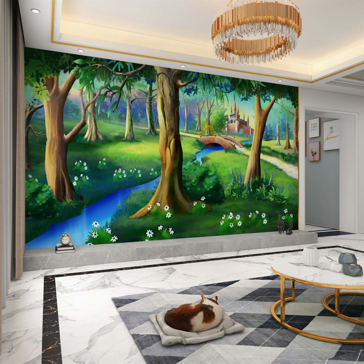 Fototapeta wysokie, smukłe drzewa i rzeka łąkowa