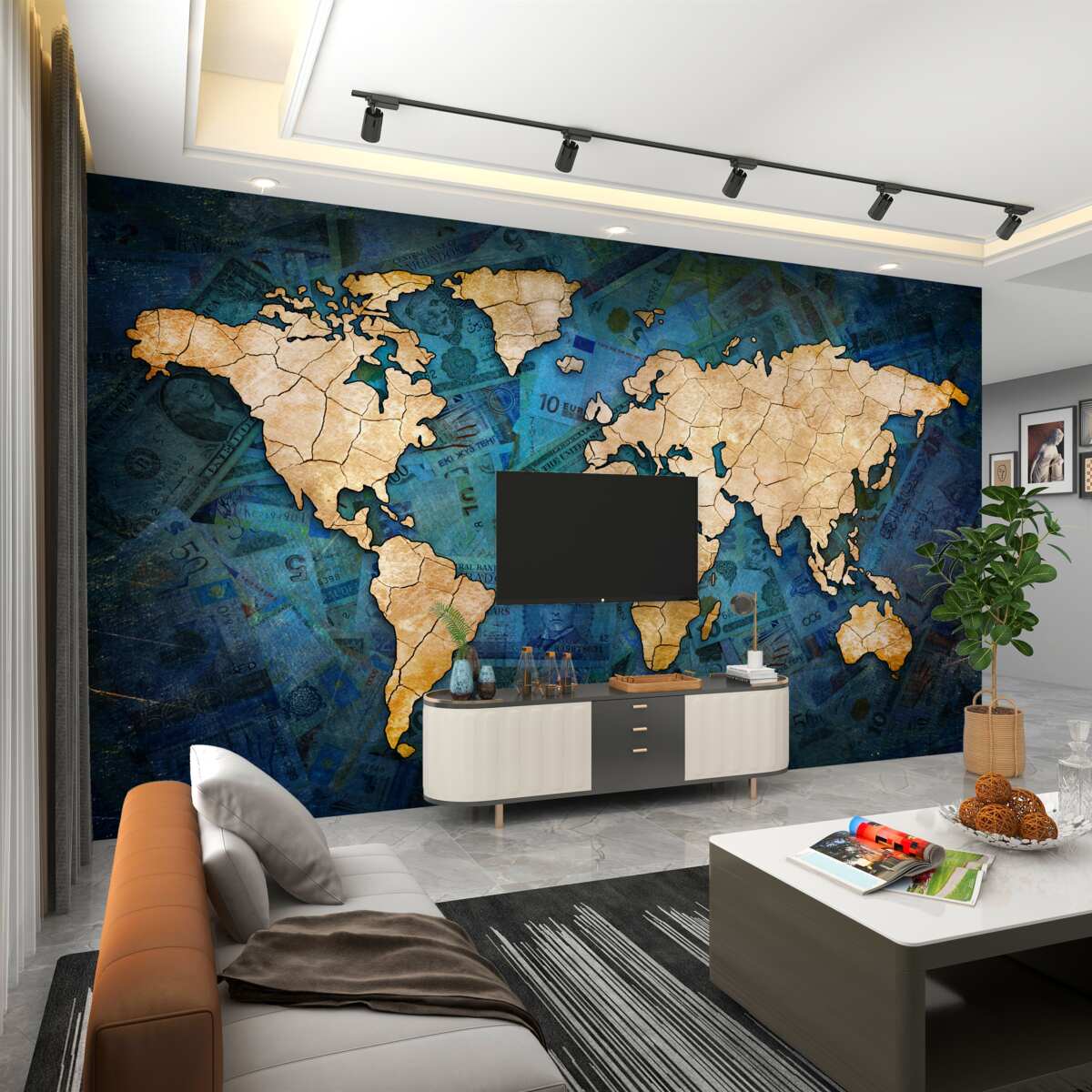 Fototapeta żółta mapa świata na błękitnej wodzie