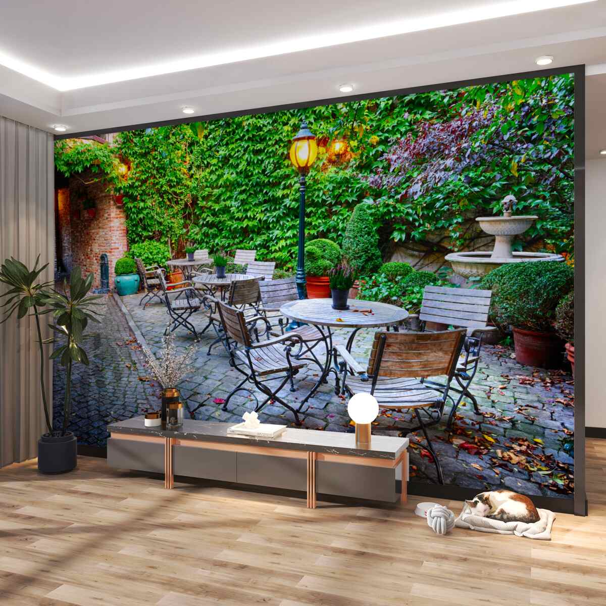 Fototapeta kawiarnia z zieloną ścianą i latarnią