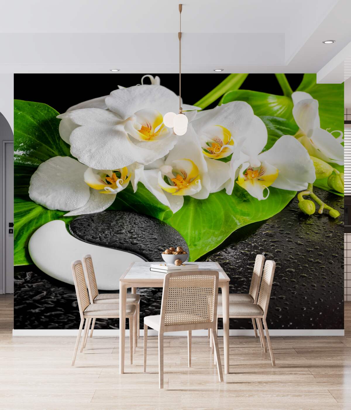 Fototapeta biały lotos na czarnym kamieniu