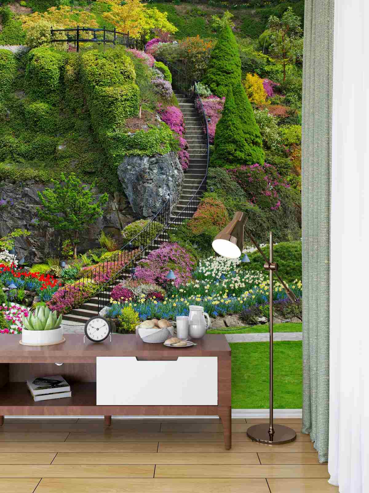 Fototapeta wysokie schody z mnóstwem kwiatów i zieleni