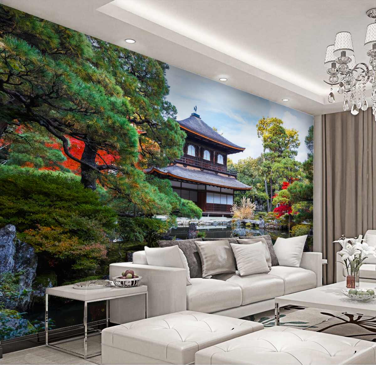 Fototapeta przytulny japoński dom w ogrodzie nad jeziorem