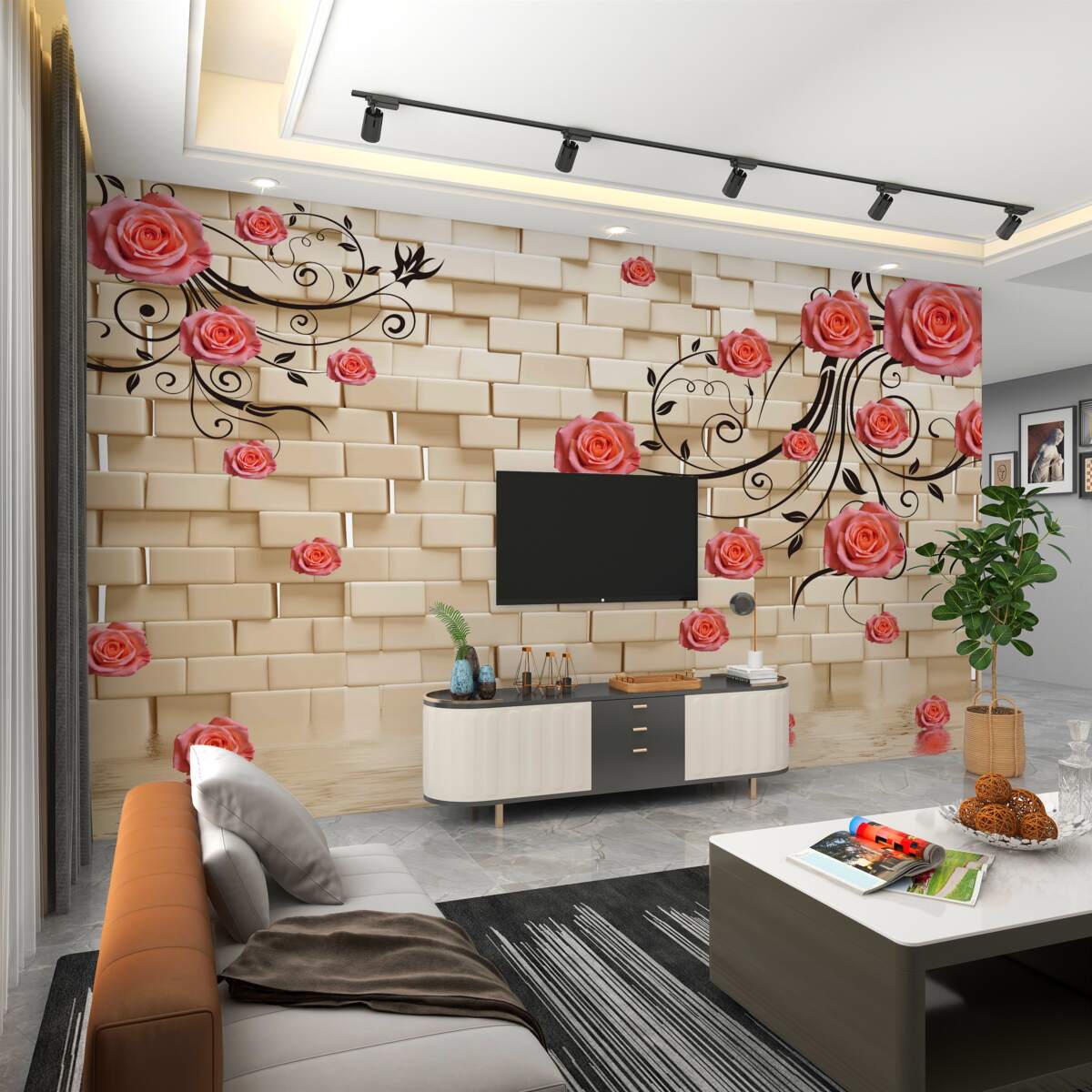 Fototapeta czerwona róża na gałęziach na tle ceglanego muru