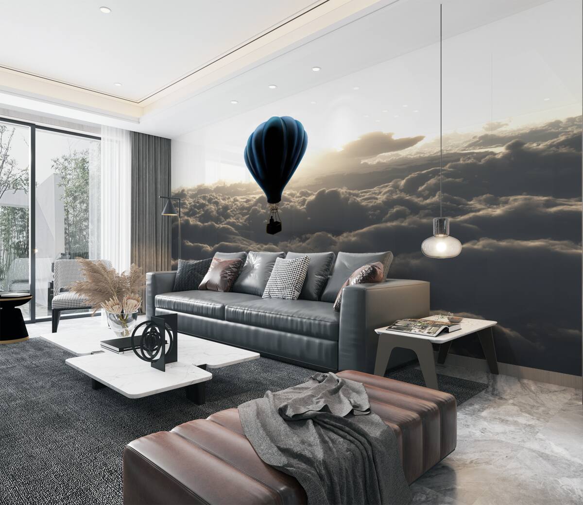 Fototapeta balon na ogrzane powietrze unosi się nad grubymi chmurami