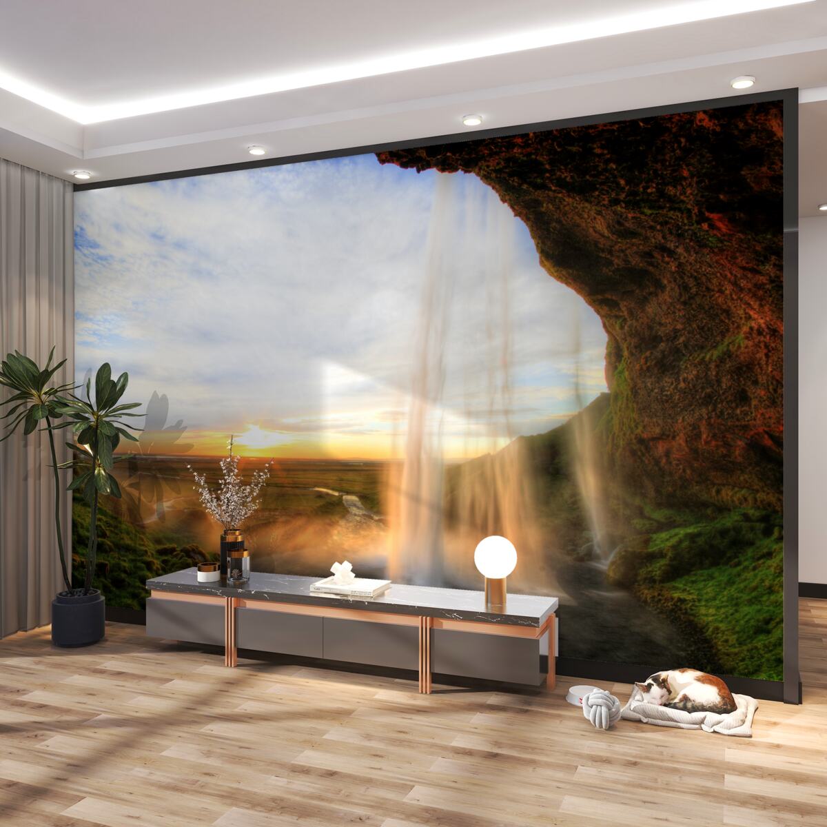 Fototapeta wysokie wodospady o zachodzie słońca