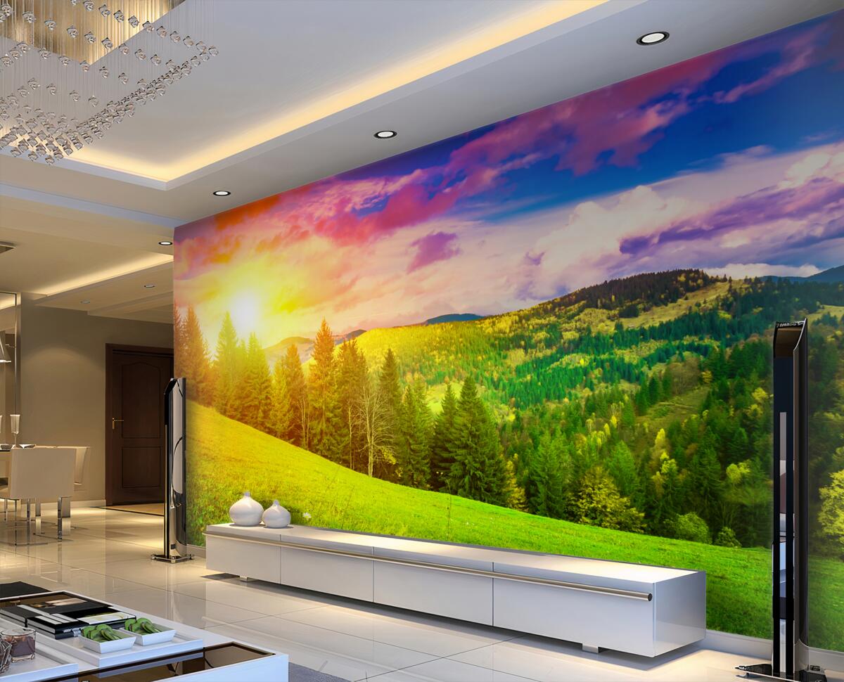 Fototapeta ciepły i jasny zachód słońca na zielonym wzgórzu