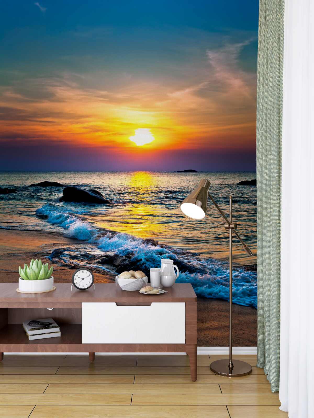 Fototapeta zachód słońca nad falami i plażą