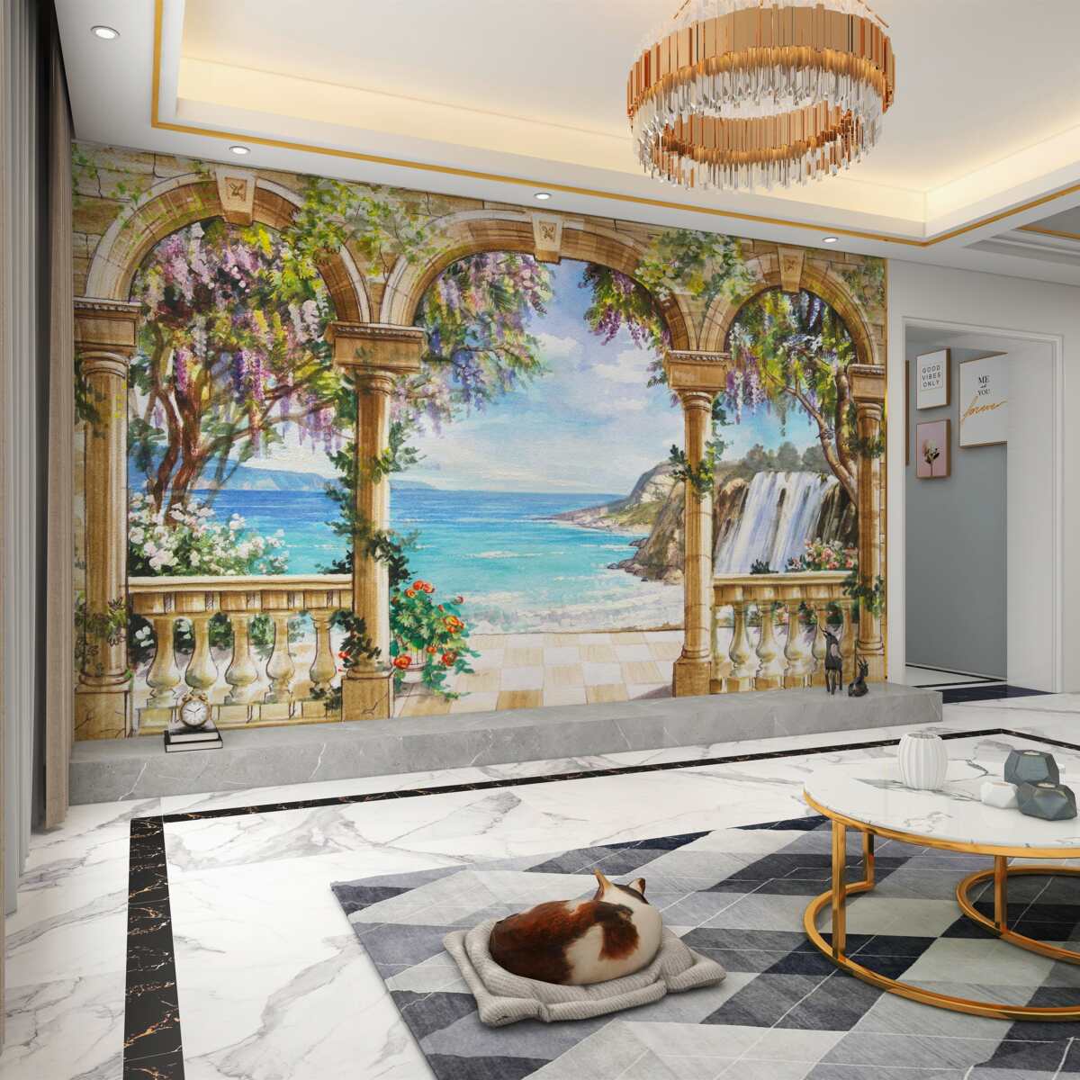 Fototapeta kamienny łuk z dostępem do wodospadu i wody