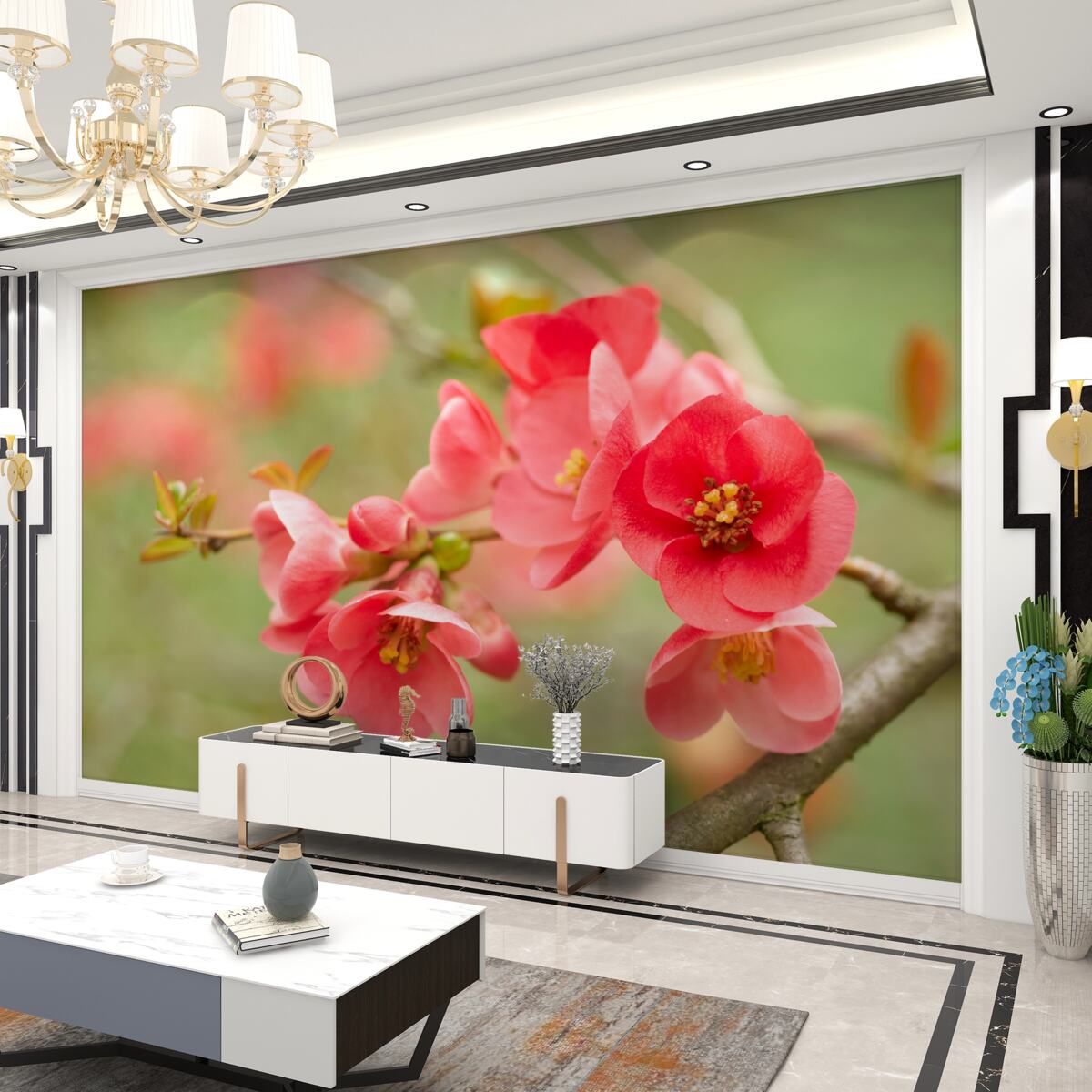 Fototapeta czerwone kwiaty na gałęziach drzew