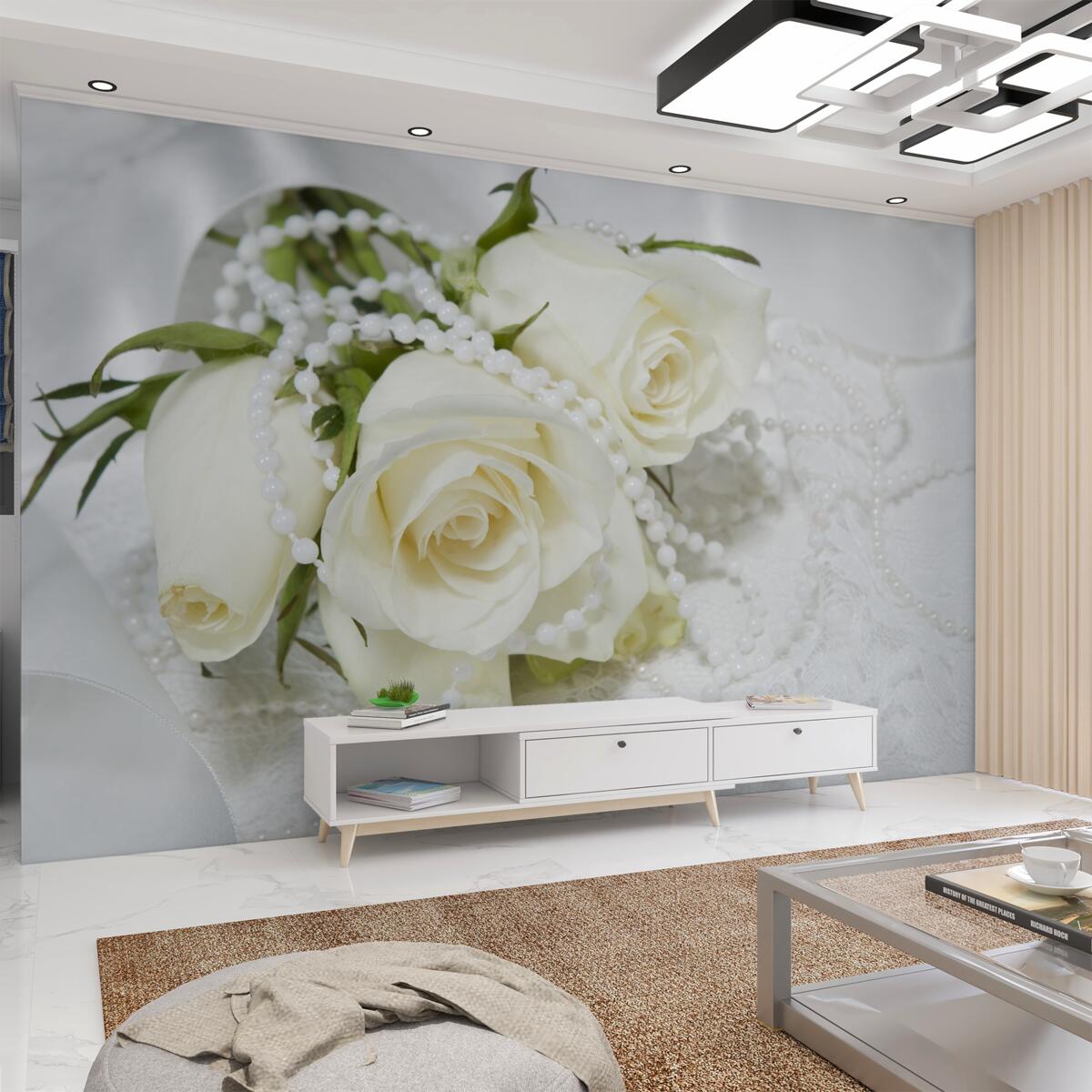 Fototapeta bukiet białych róż z białymi koralikami