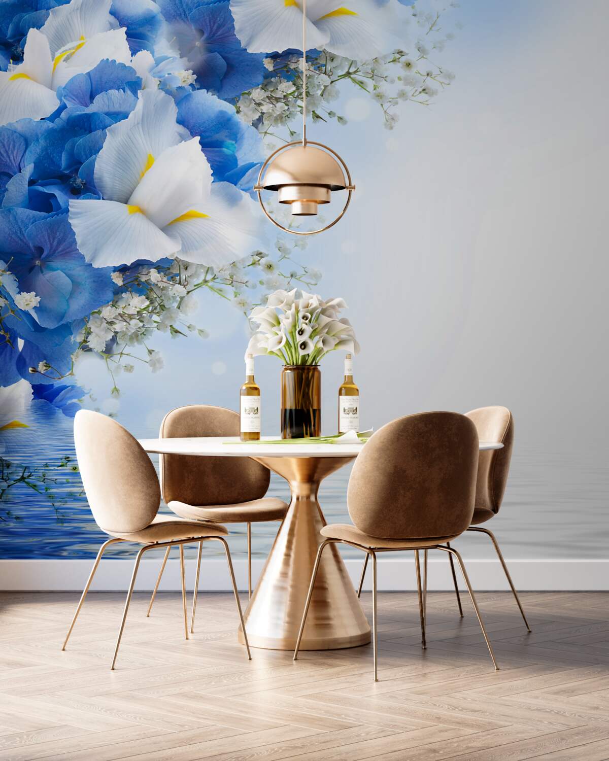 Fototapeta białe pąki z niebieską farbą w pobliżu wody