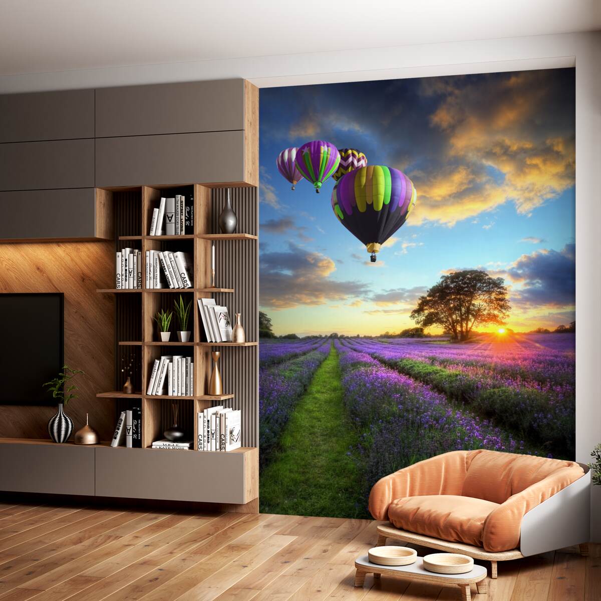 Fototapeta kolorowy balon na ogrzane powietrze unoszący się nad lawendą