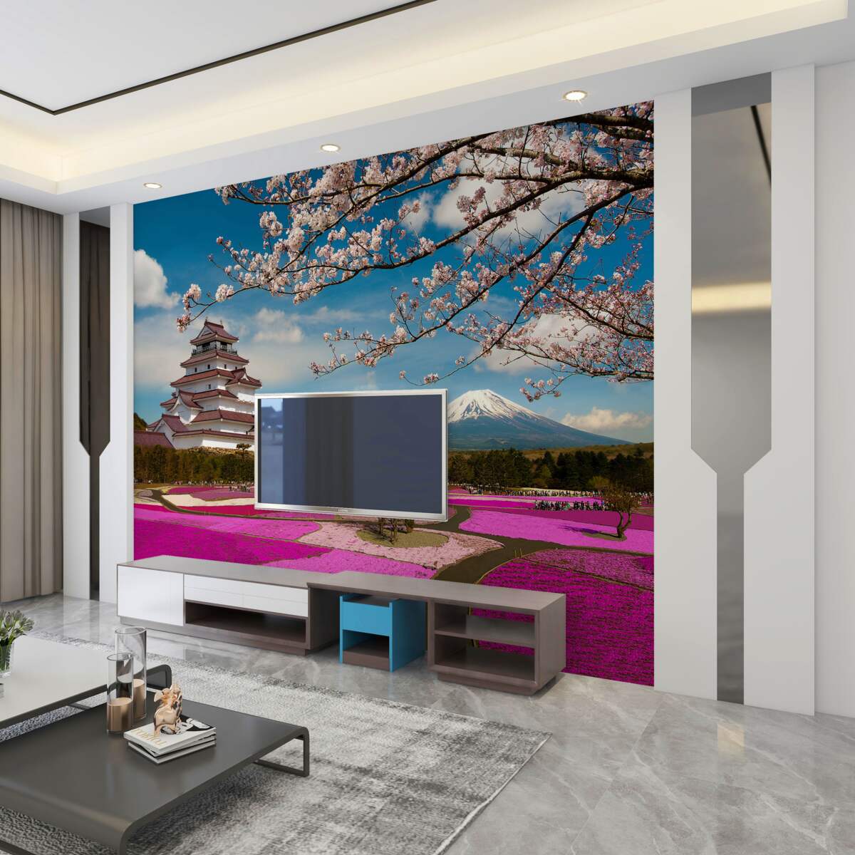 Fototapeta jasne ogrody tulipanów w pobliżu japońskiego domu