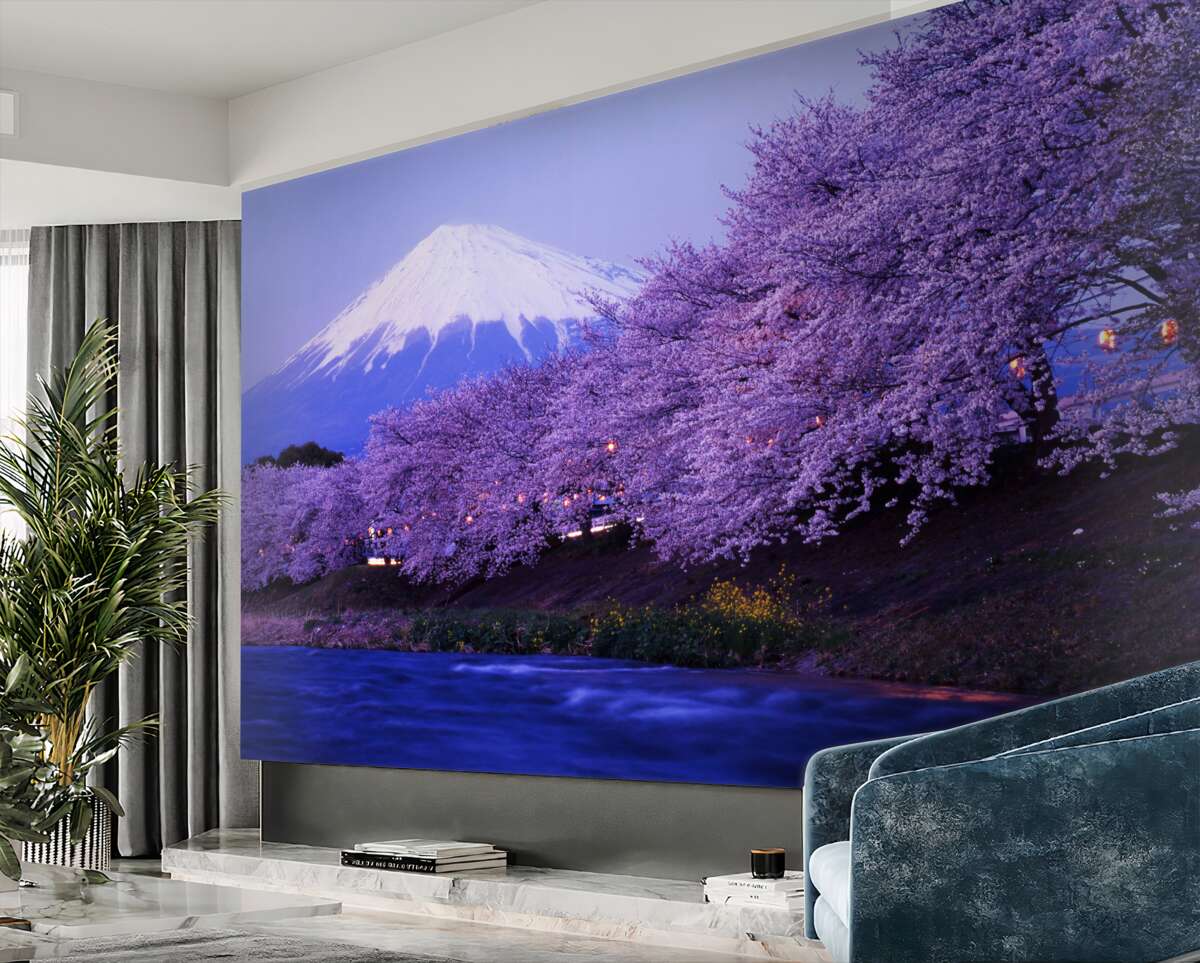 Fototapeta fioletowo kwitnące drzewa na tle Fuji