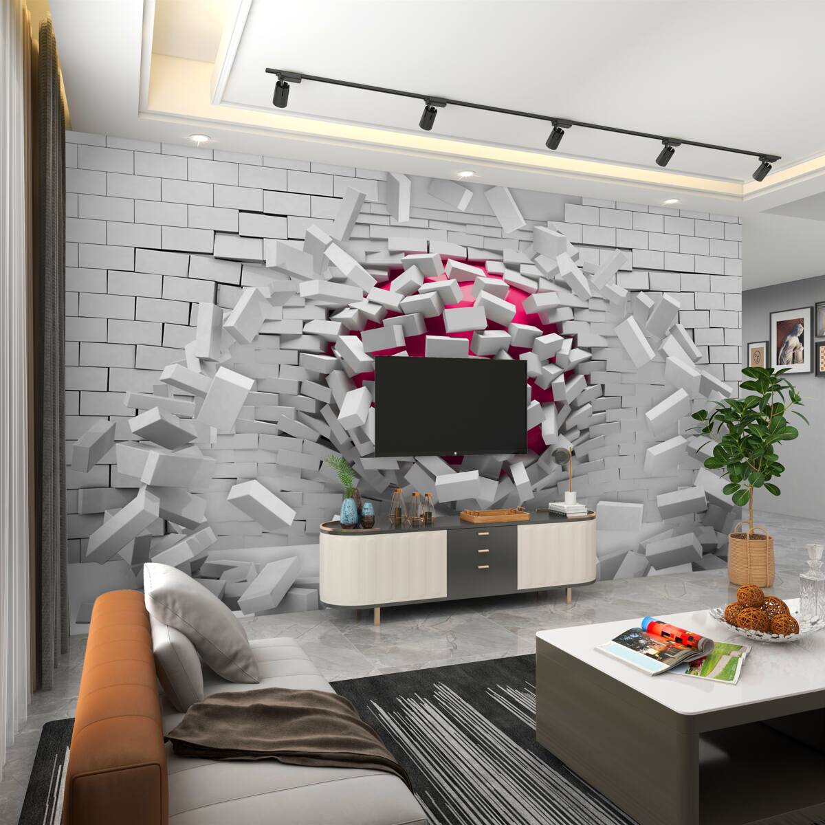 Fototapeta czerwona piłka rozbija ceglany mur