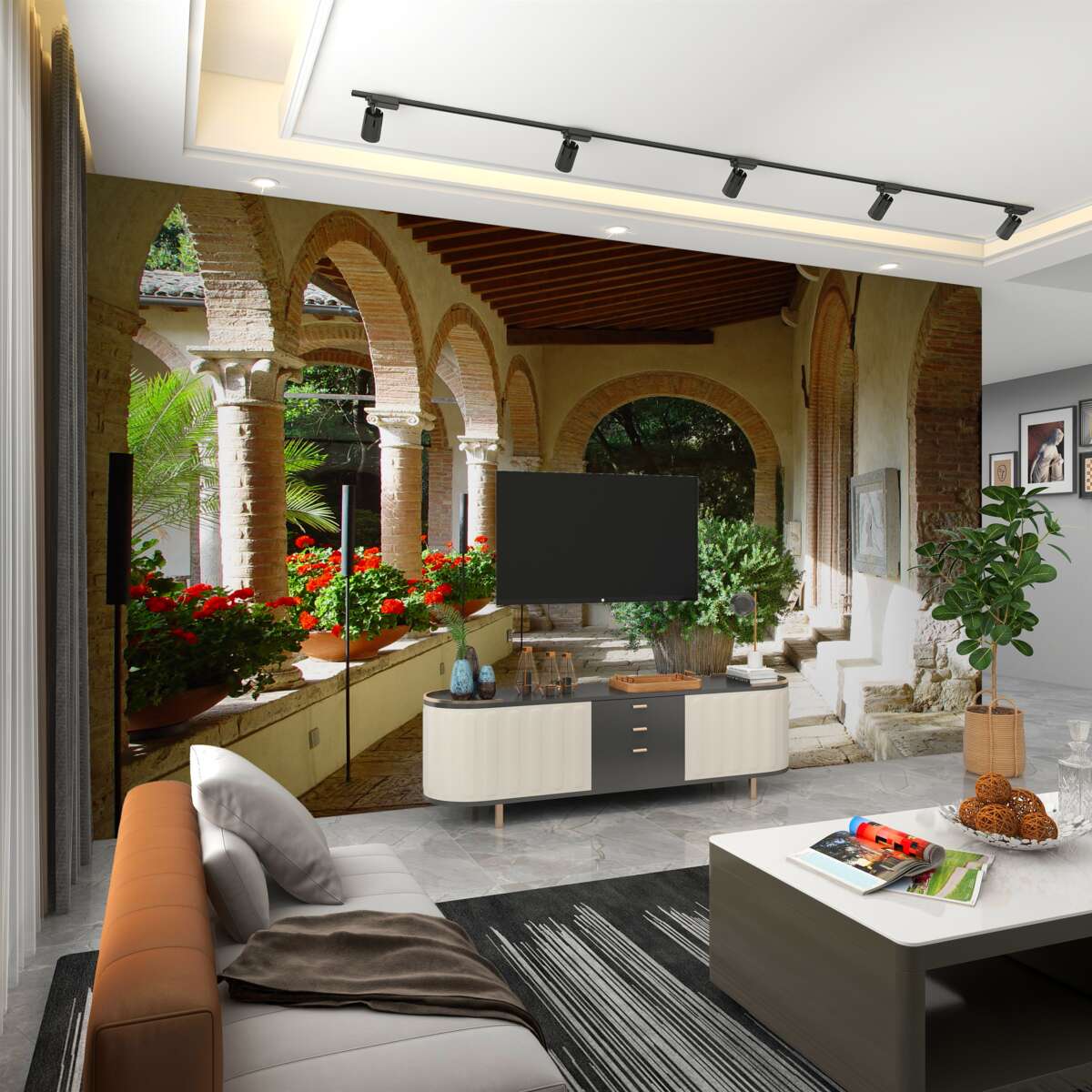 Fototapeta okrągłe kamienne łuki i kwiaty doniczkowe