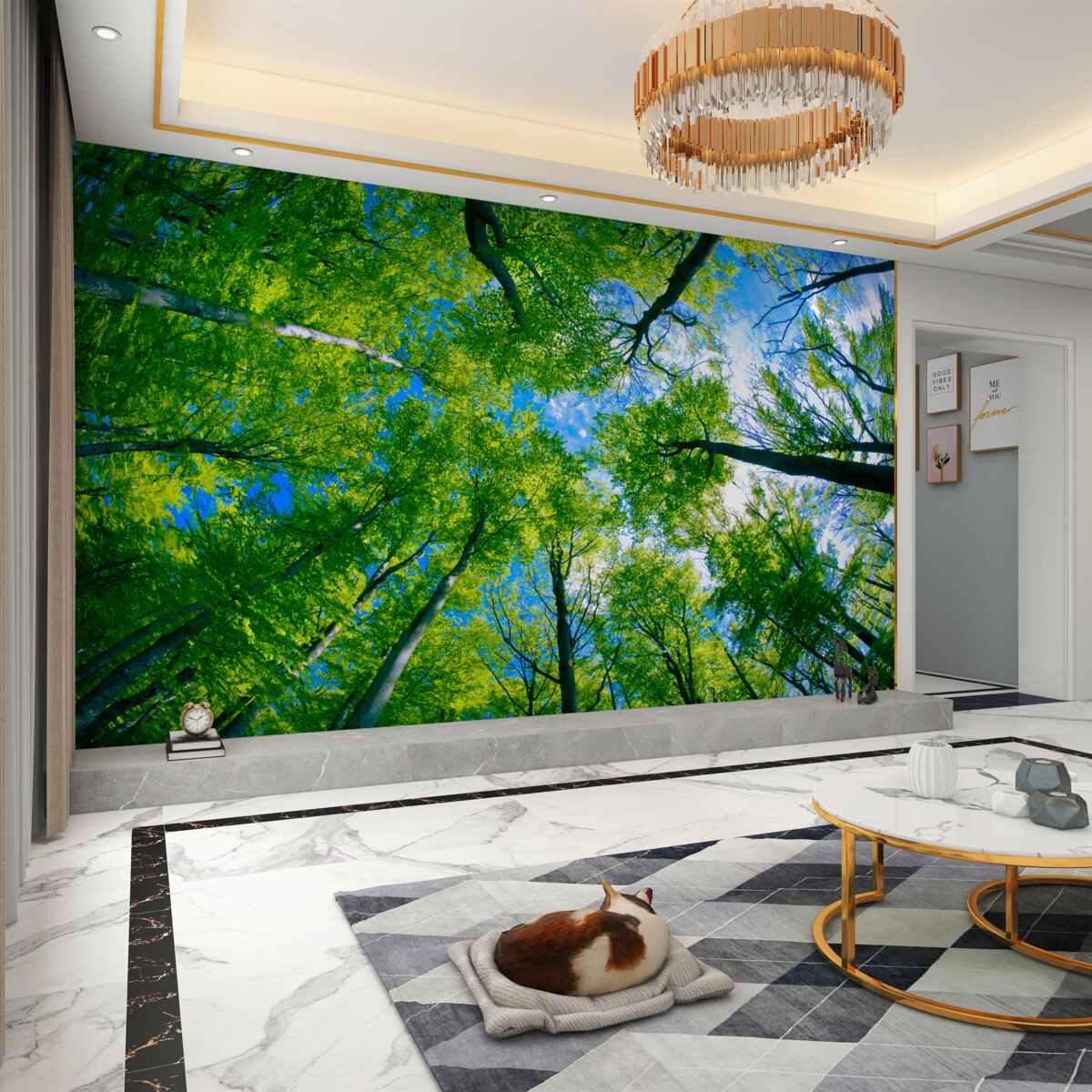 Fototapeta zielony las na błękitnym niebie