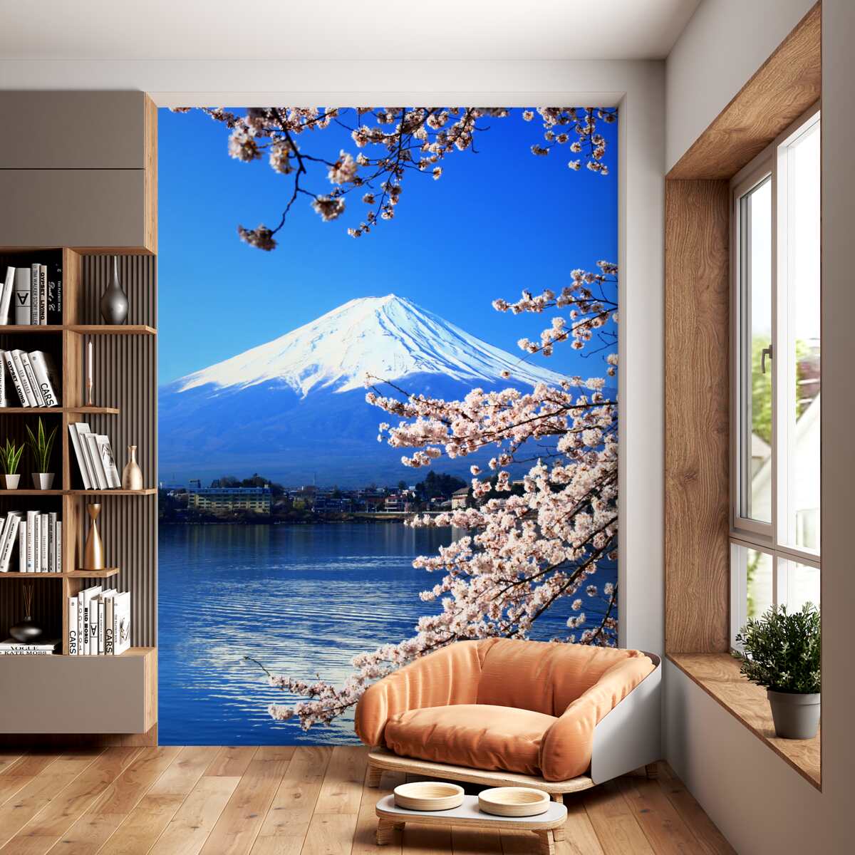 Fototapeta sakura na tle jeziora i gór