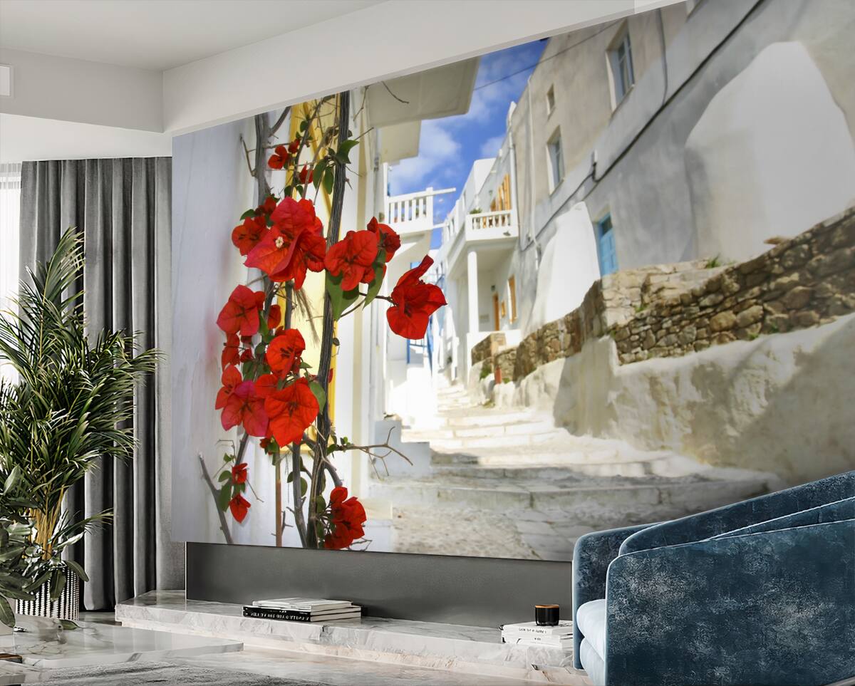 Fototapeta czerwone kwiaty na białych ścianach miasta