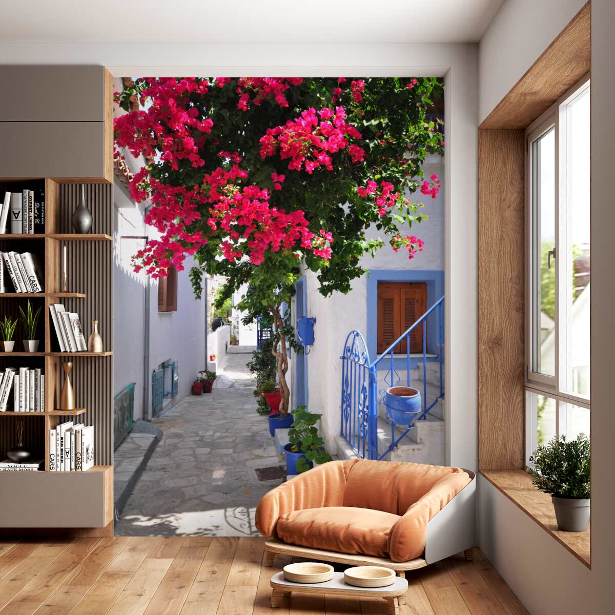 Fototapeta czerwone kwiaty w pobliżu białych domów Grecja