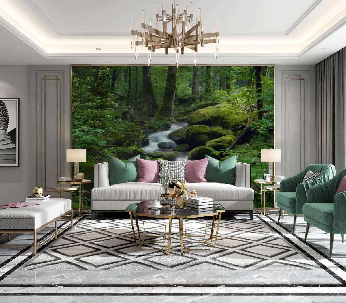 Fototapeta mały strumień w gęstym zielonym lesie