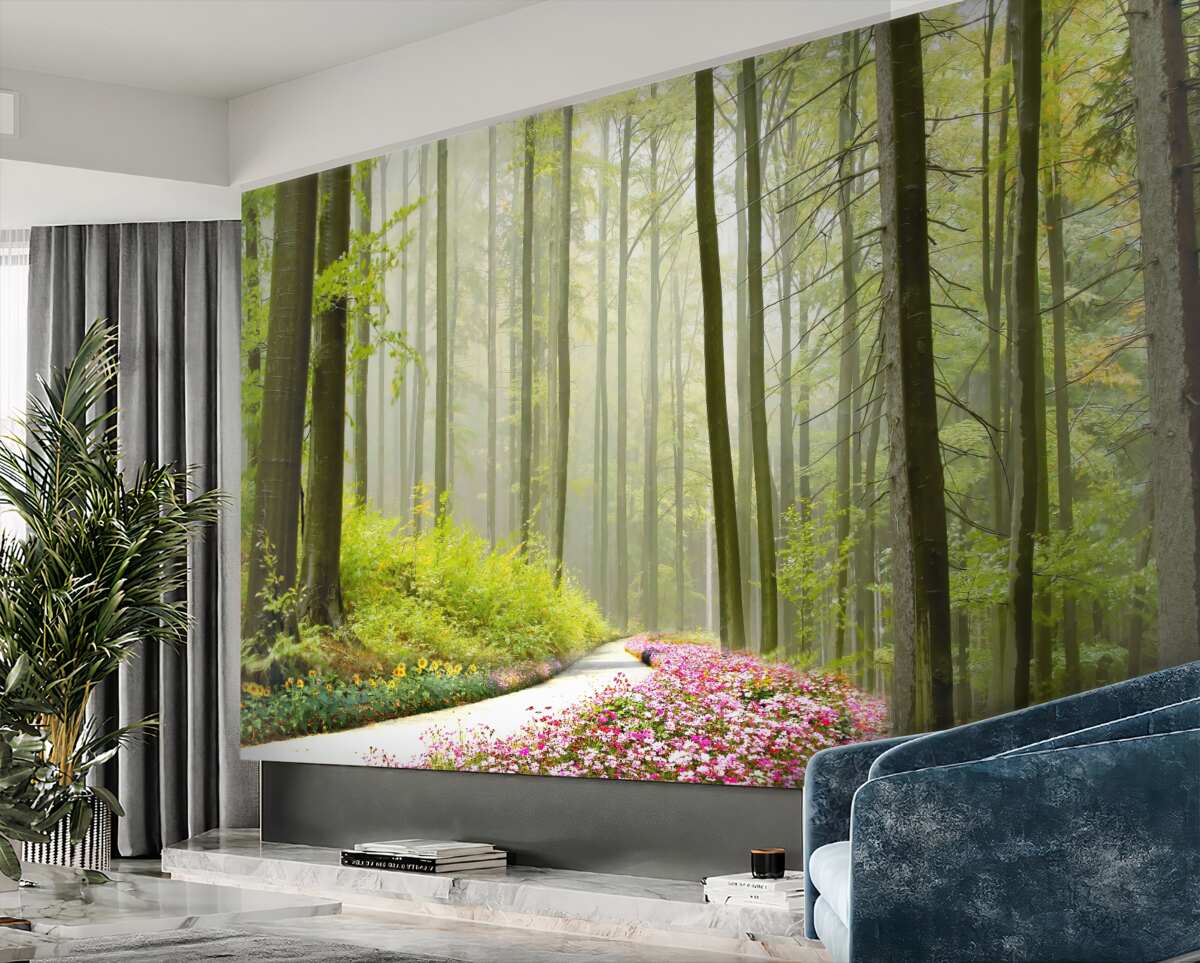 Fototapeta lekka mgła w smukłym lesie