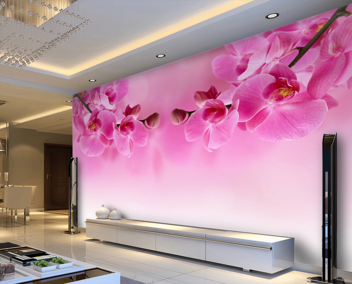 Fototapeta gałęzie różowych orchidei na tle siatki