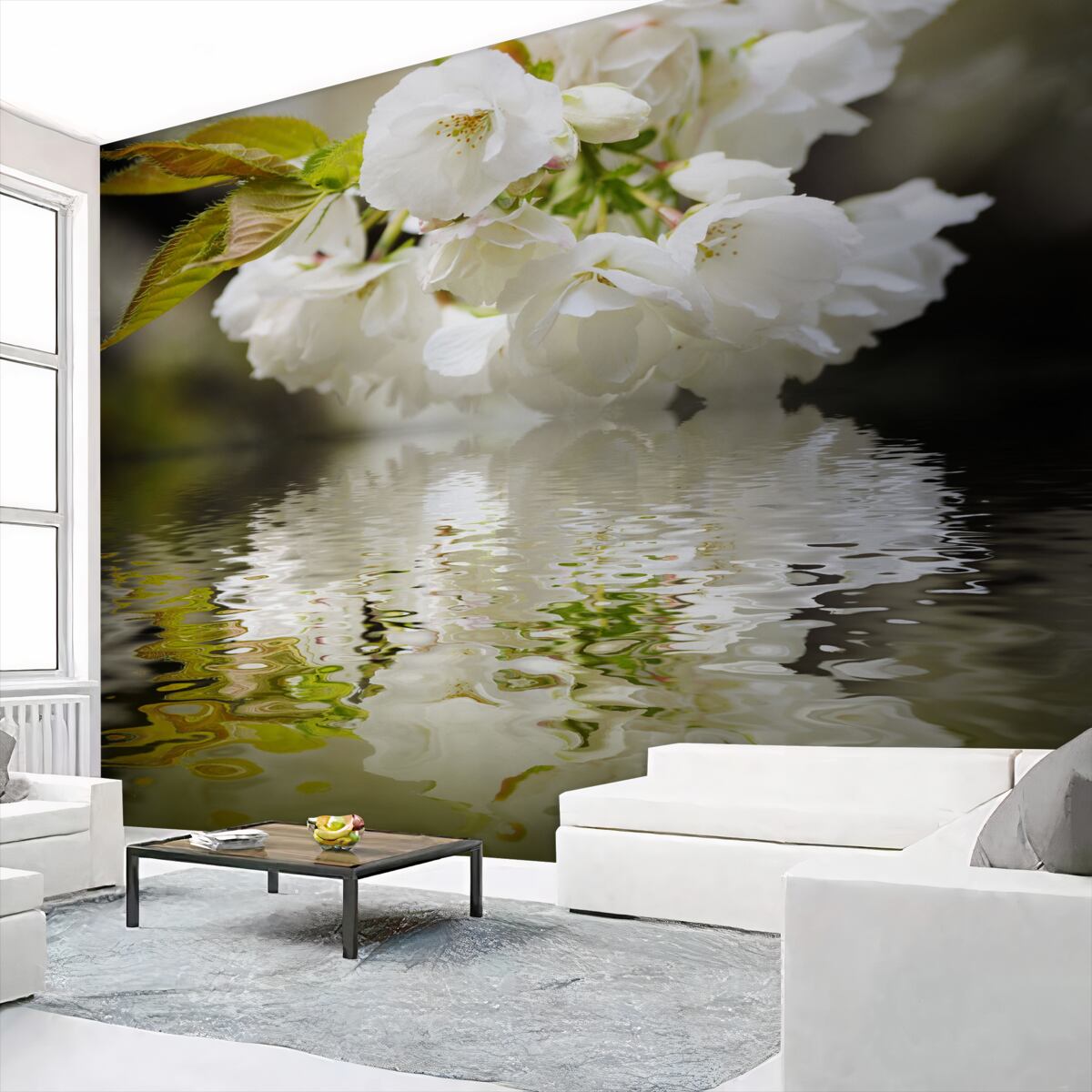 Fototapeta białe kwiaty sakury wiszą nad wodą