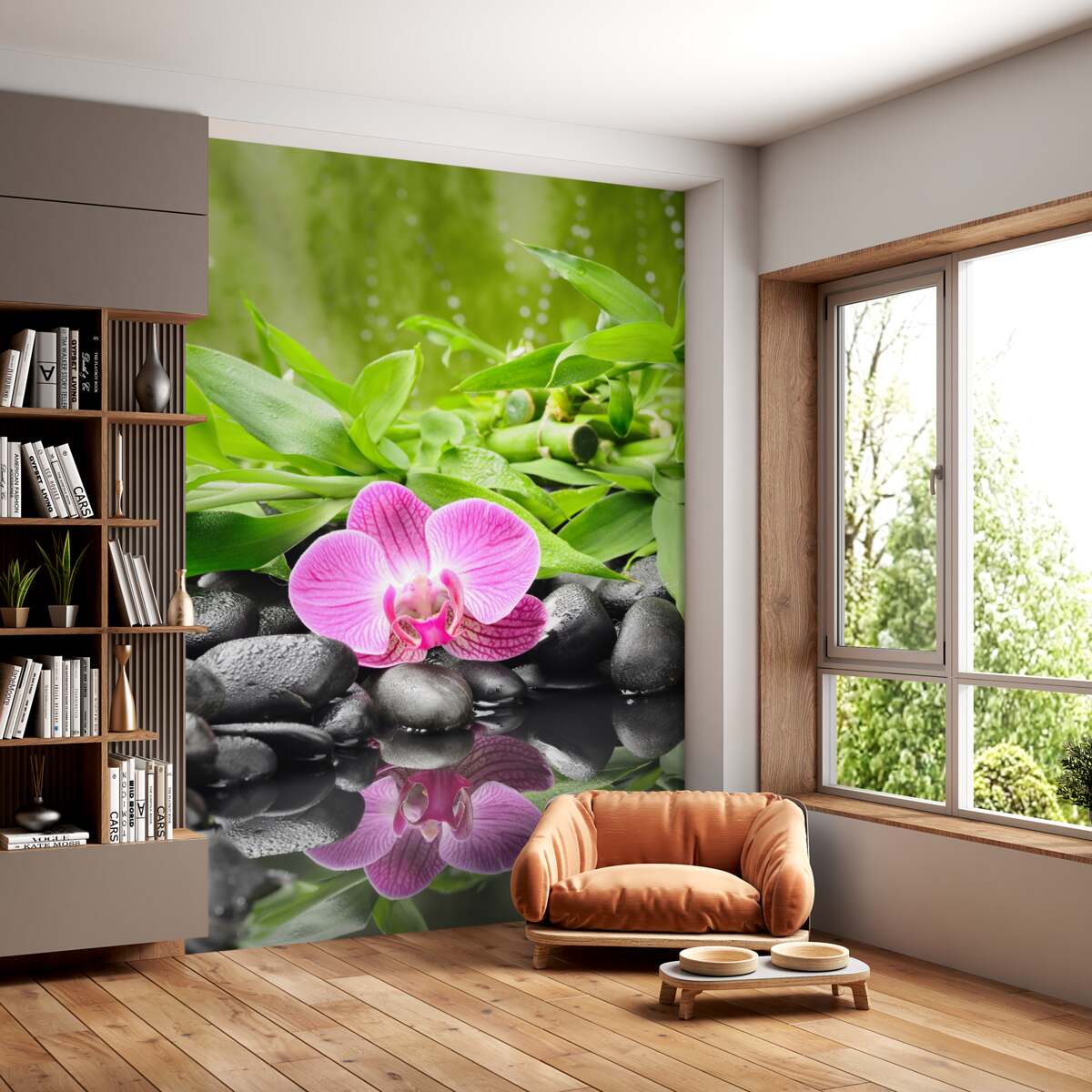 Fototapeta piękna orchidea na czarnym kamieniu w pobliżu wody