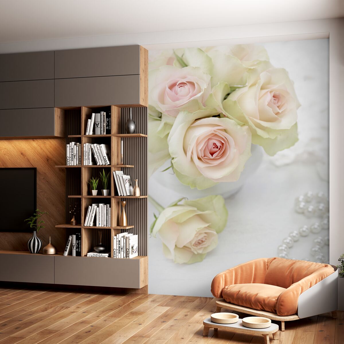 Fototapeta bukiety delikatnych bladoróżowych róż i pereł