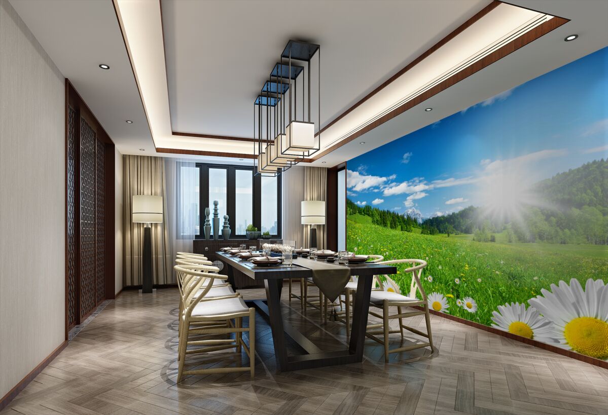 Fototapeta jasny wschód słońca nad polem łąki i stokrotek