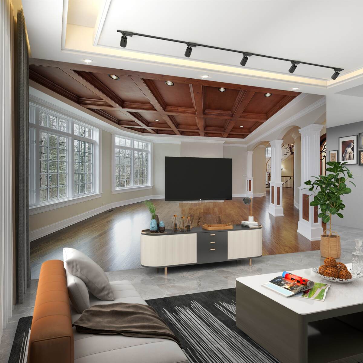 Fototapeta eleganckie wnętrze z białego kamienia i drewna