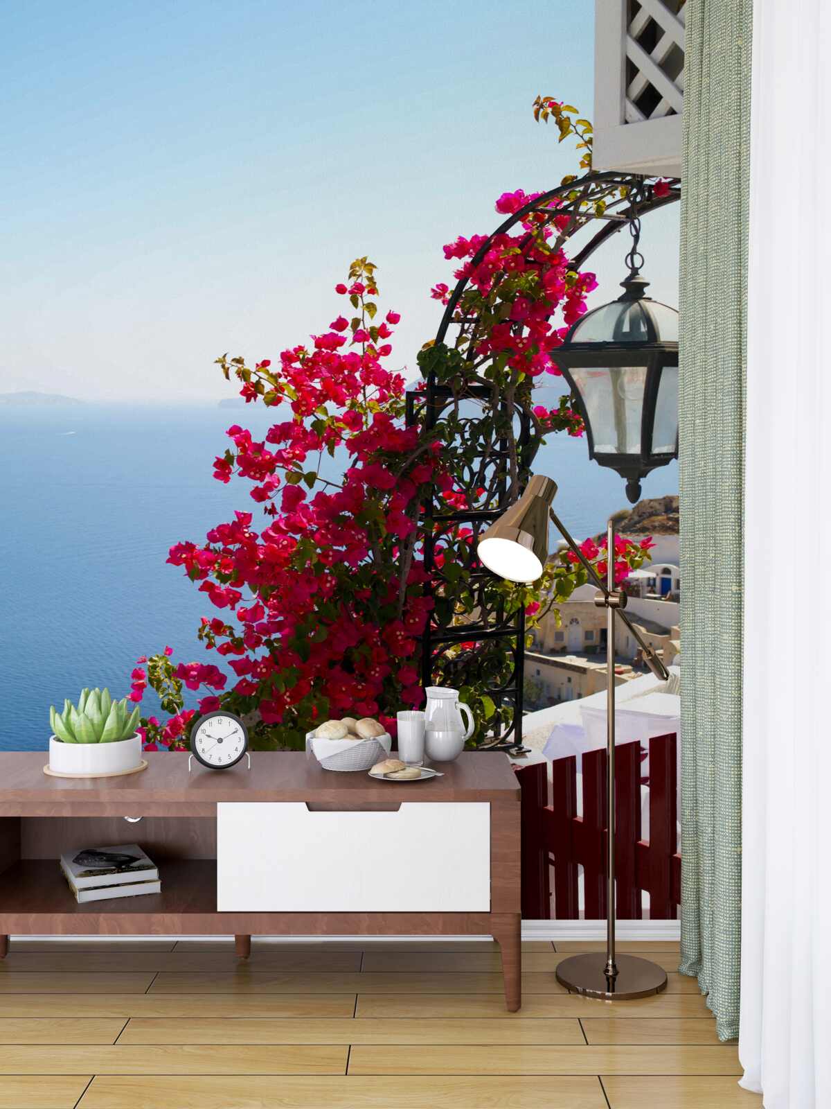 Fototapeta czerwone kwiaty kwitnące na łuku nad wodą