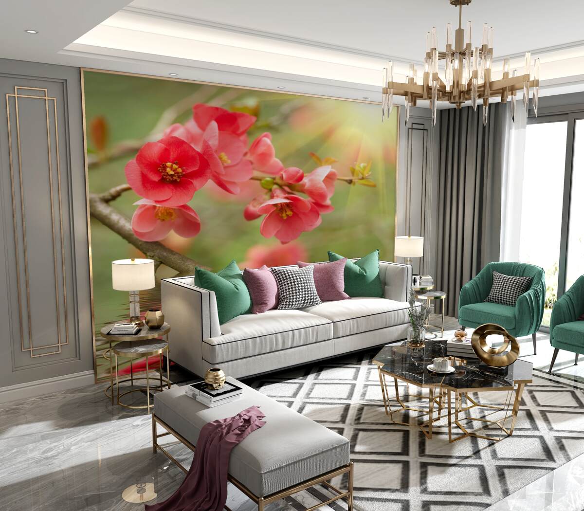 Fototapeta czerwone kwiaty sakury nad wodą w jasny dzień