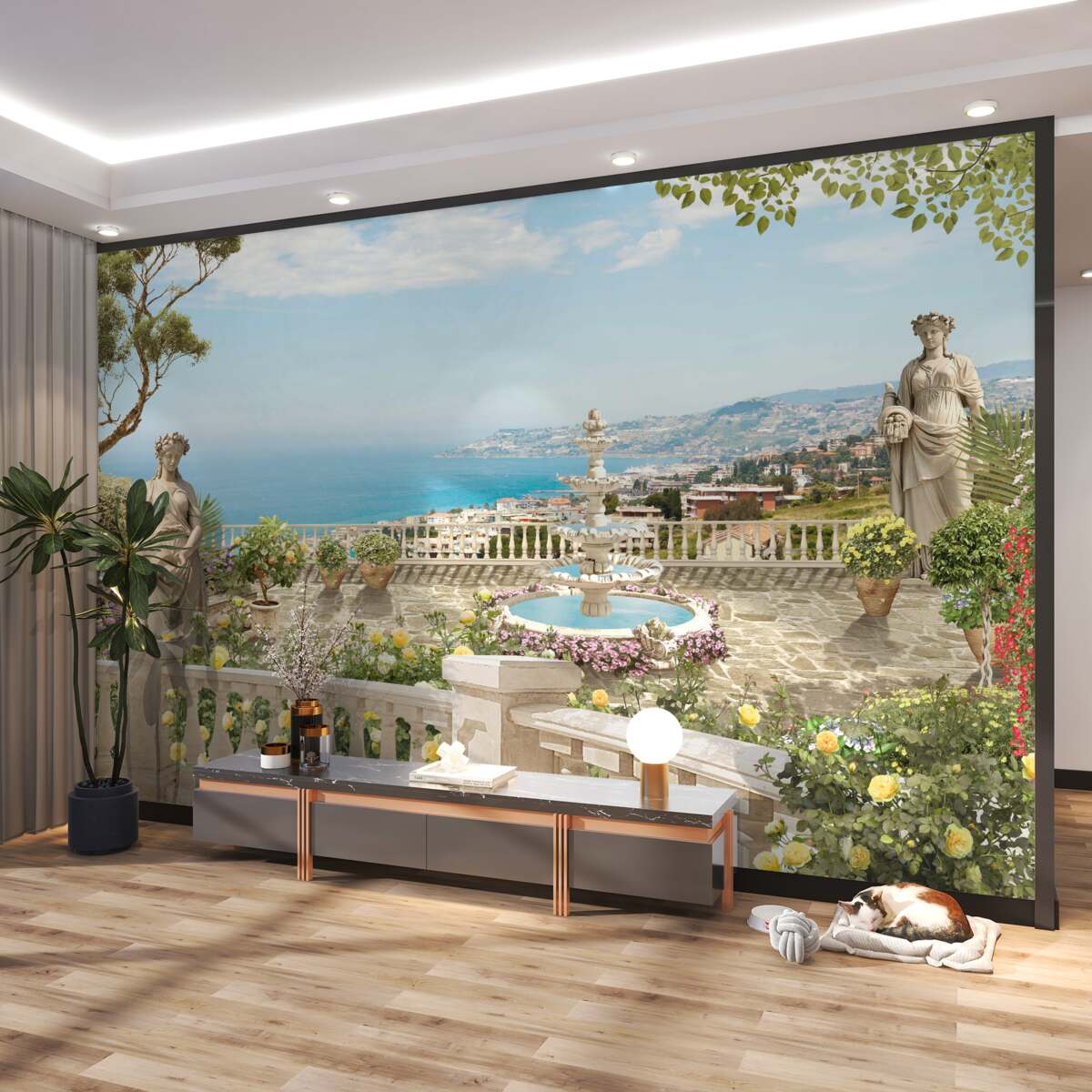 Fototapeta kamienna altana z fontanną i widokiem na ocean