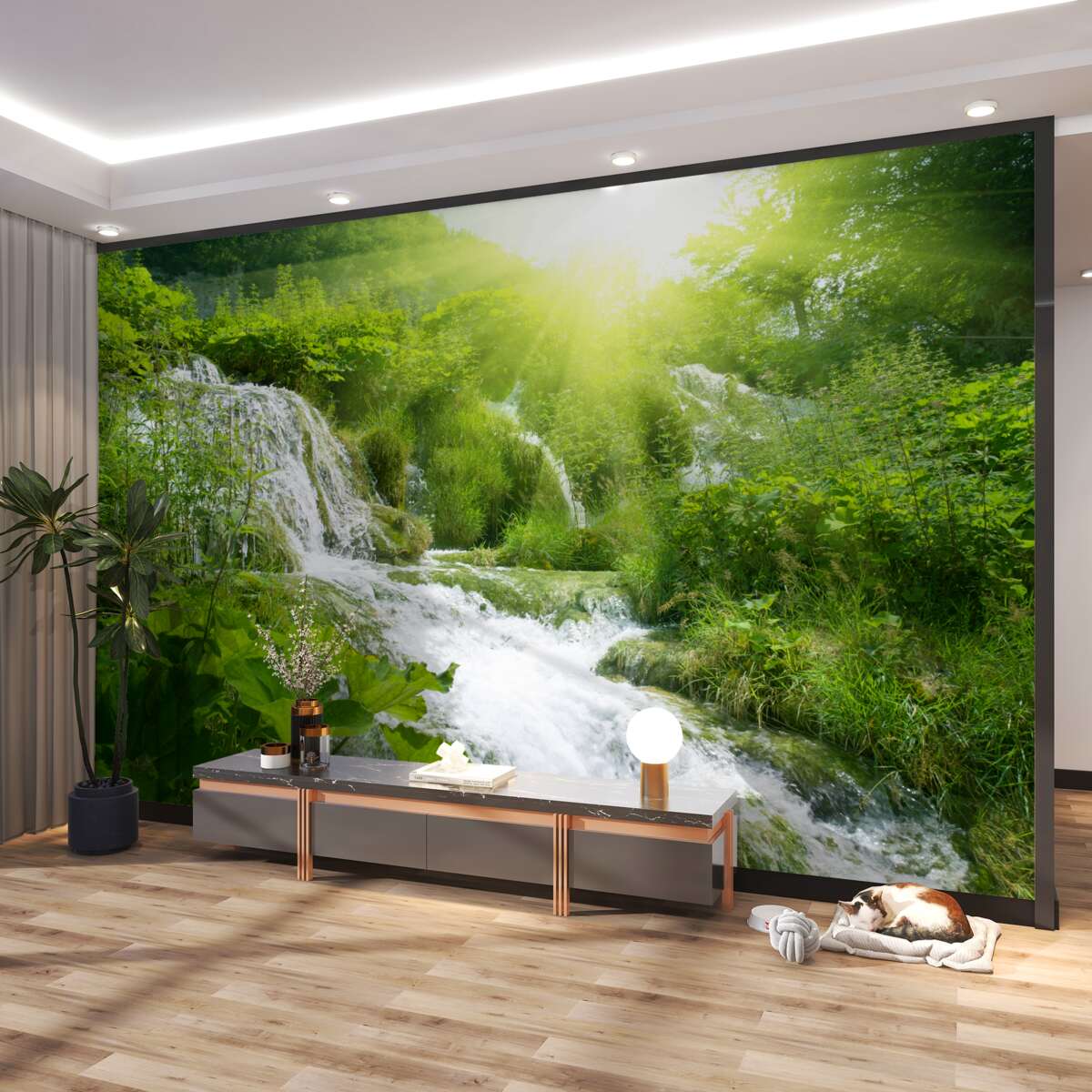 Fototapeta Jasne słońce oświetla bulgoczący wodospad