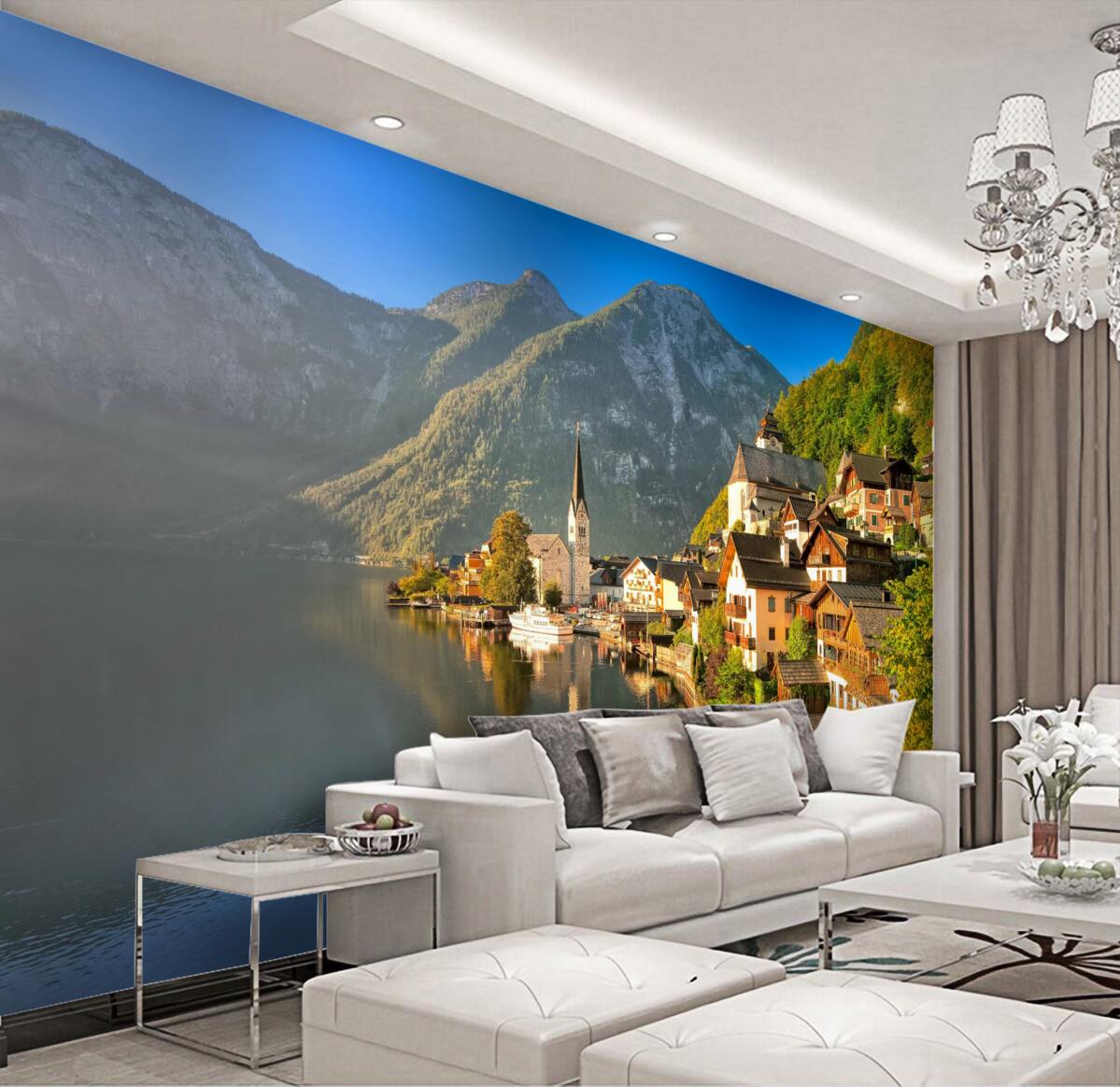 Fototapeta Szwajcarska wioska blisko wody i gór