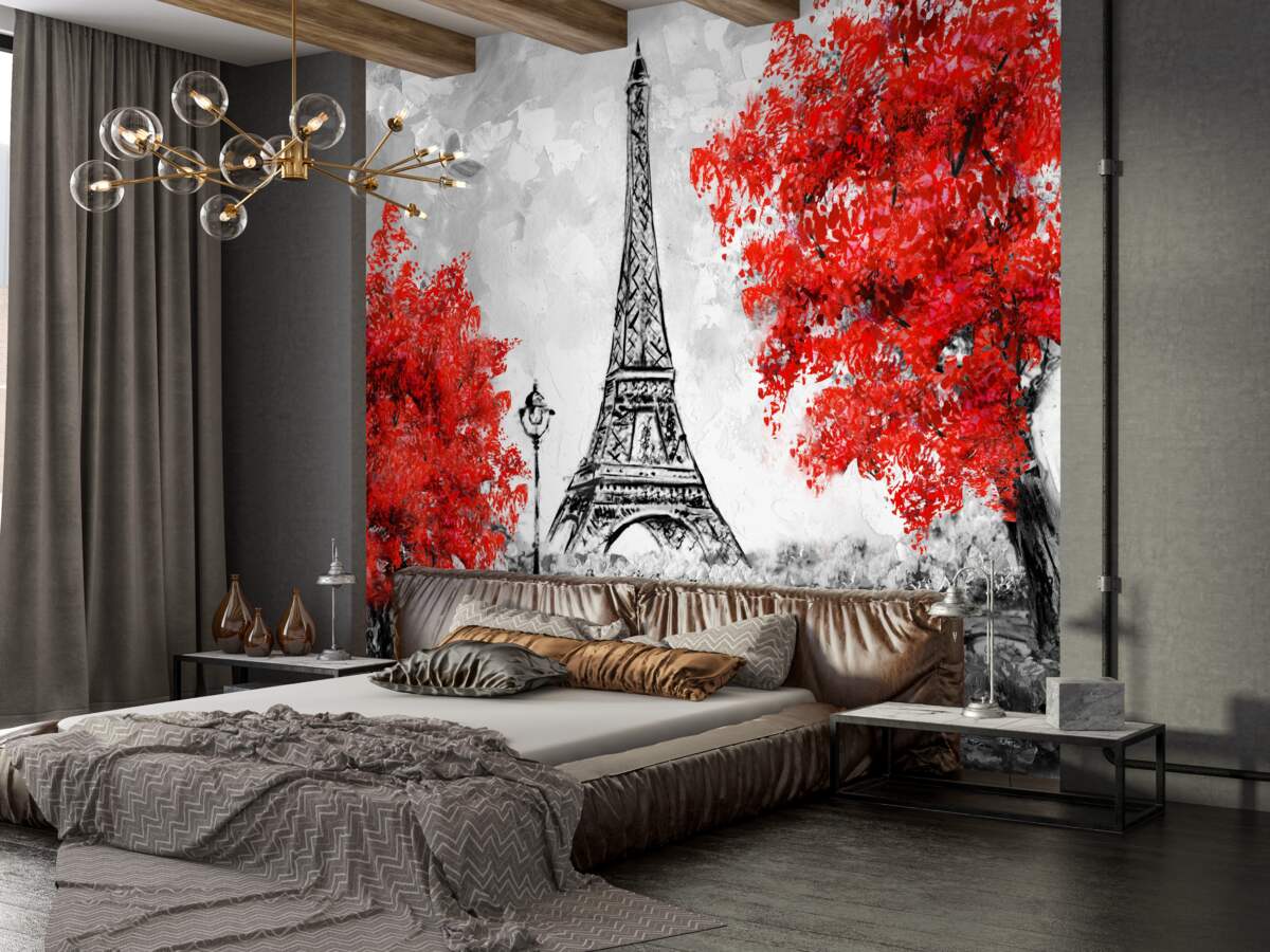 Fototapeta gęste czerwone drzewa w pobliżu paryskiej wieży