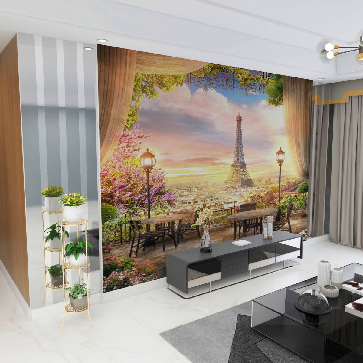 Fototapeta wygodne stoliki kawiarniane z widokiem na Wieżę Eiffla