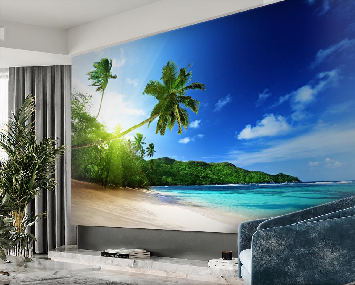 Fototapeta tropikalny brzeg jest objęty promieniami świtu