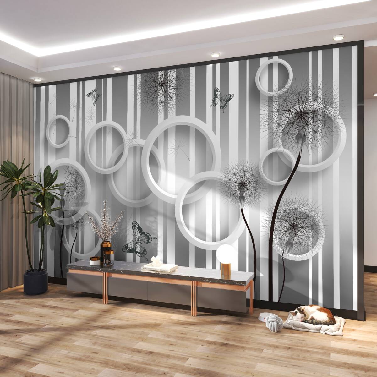 Fototapeta mniszek lekarski w abstrakcji białych kółek