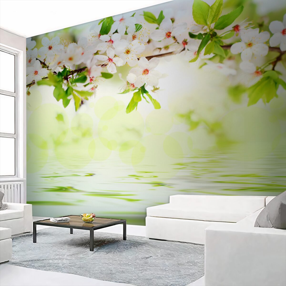 Fototapeta białe kwiaty sakury nad ciepłą wodą latem