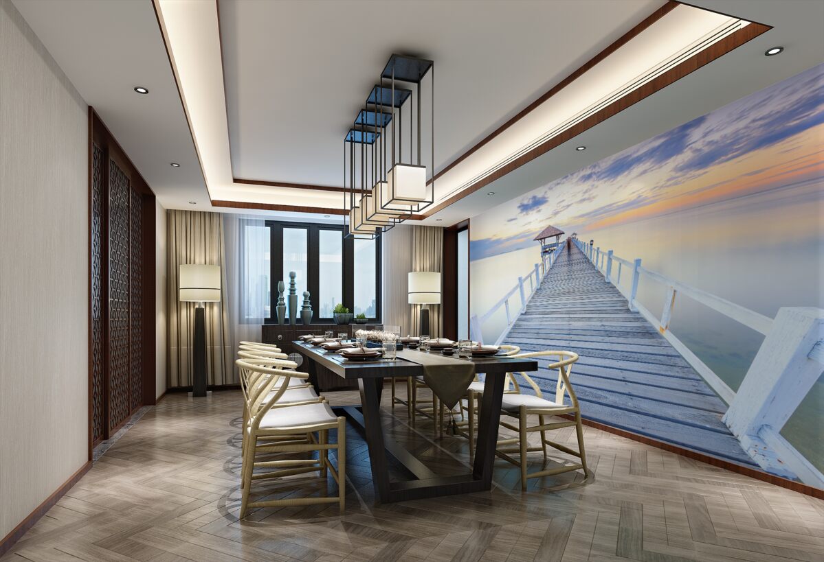 Fototapeta stare molo z altaną nad wodą o świcie